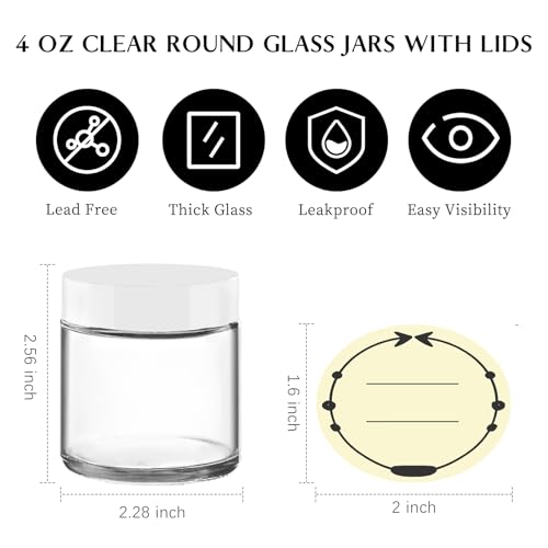 TUZAZO 4oz Small Glass Jars with White Lids, 2 Pack Round Clear Glass Jars with Inner Liners & Stickers Reusable Empty Cosmetic Containers for Lotions, Body Butters, Creams, Powders, Candles2