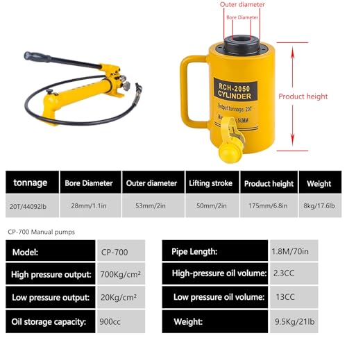 Podnośnik hydrauliczny 20T z pompą ręczną, pusty siłownik hydrauliczny jednostronnego działania, możliwość pchania i ciągnięcia, skok 5 cm