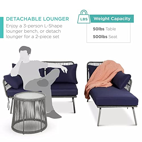 Image of DEVOKO 3 Piece Outdoor Comfortable L-Shaped Sectional Rope Conversation Lounge Sofa Set with Glass Top Table for Balcony, Patio, Garden, Pool (Grey & Navy-Blue)