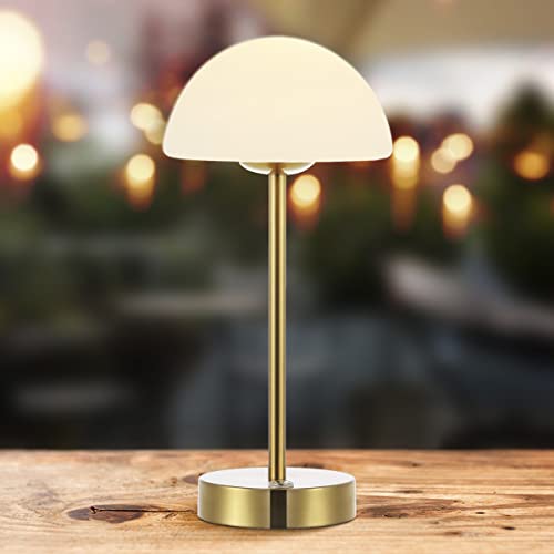 Image of JONATHAN Y Xavier 12.5 inch Metal Cordless LED Table Lamp, Brass Gold | Rechargeable, Dimmable Touch Sensor, White Frosted Glass Dome, Portable Minimalist Accent Light, Integrated Bulb Included