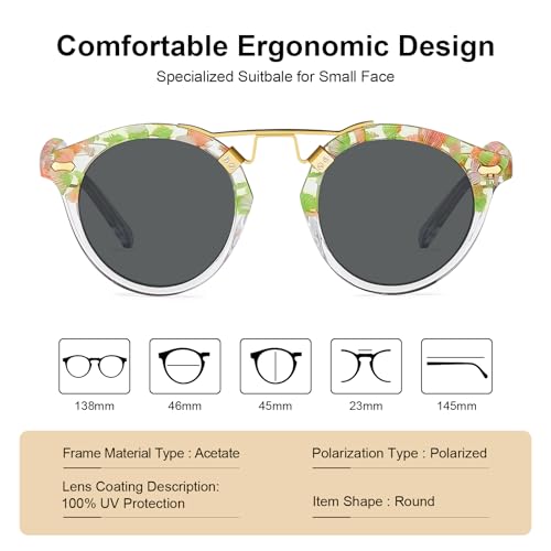 Image of CARFIA Small Face Acetate Polarized Sunglasses for Women UV Protection, Retro Double Bridge Eyewears Metal Brow Round Sunnies