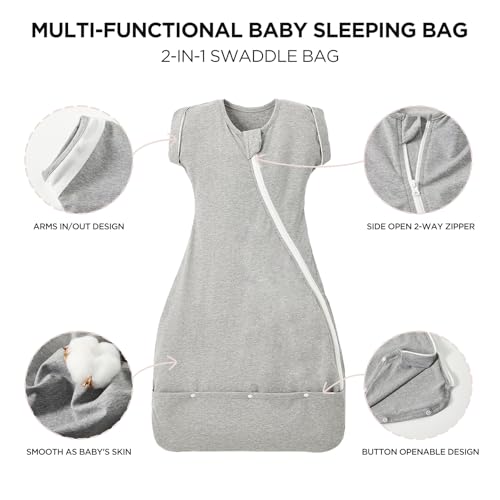 Image of Duomiaomiao 2 Pack Baby Transition Swaddle Blanket, Snap Arms Up Baby Sleep Sack for All Seasons, 100% Cotton Baby Essentials for Newborn Boys Girls 0-6 Months, Gray & Dinosaurs