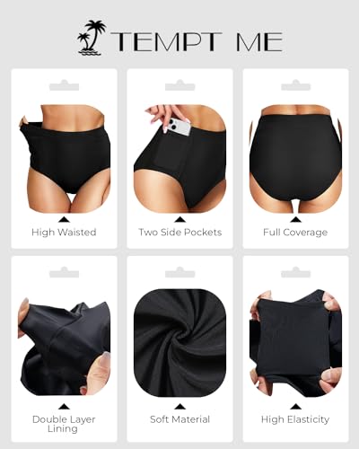 Tempt Me Women's High Waisted Bikini Bottom Full Coverage Tummy Control Swimsuit Bottom with Pockets4