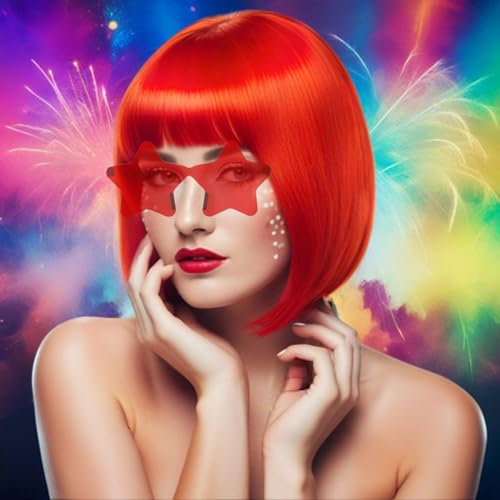 anogol hair cap  sunglasses red bob wig with bangs womens red party wigs with star shape sunglasses short neon wig daily party outfit fun wigs women halloween costume night club bachelorette hair
