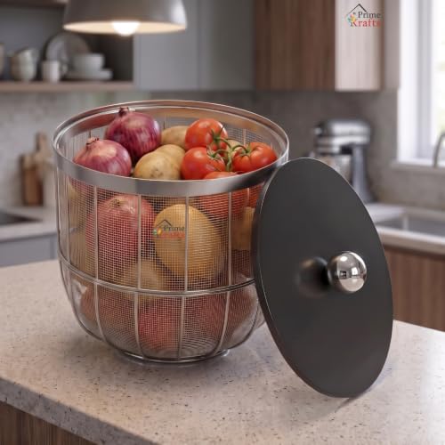 Image of Decorative Net (Jaali) Design Fruit and Vegetables Basket with Natural Wooden Lid | Premium Insect Resistant Storage Organizer for Home and Kitchen - Silver