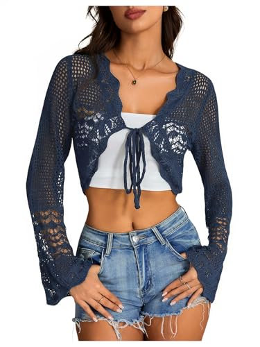 Image of OYOANGLE Women's Crochet Tie Front Sweater Cardigans Bell Sleeve Knitted Cropped Bolero Shrug Cardigan