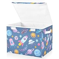Mnsruu Storage Boxes with Lids, Watercolor Rockets Spaceship Planets Large Storage Basket Organizer Shelves Cube Bin Toy Clothes Underbed