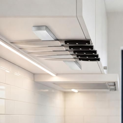 Yiyiring Under Cabinet Knife Holder 11.8 Inch Stainless Steel Magnetic Knife Holder Strip Space Saving Heavy Duty Metal Rack for Kitchen Organizer Garage Tools Supplies
