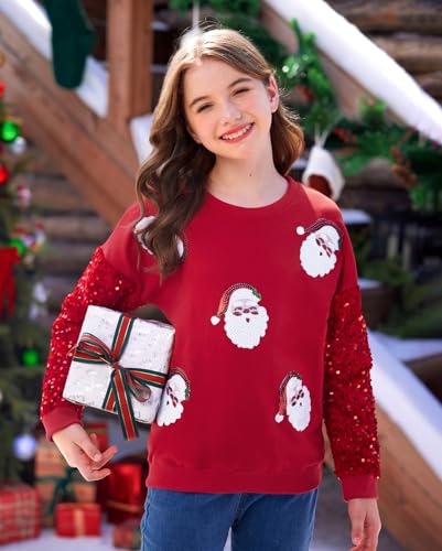 Image of BesserBay Girls Christmas Sequin Shirt Patchwork Long Sleeve Crop Tops 6-14 Years