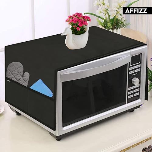 Image of Microwave Cover Top - Waterproof Dustproof Polyester Oven Cover for Kitchen with 4 Side Pockets, Modern Design, Black (100 x 35 cm)