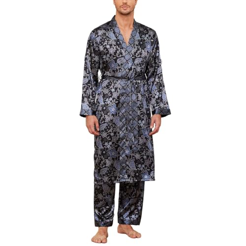 Men's Long Sleeve Pajama Set Satin Robe Comfy Pant Silky Summer Bathrobe Trendy Lounge Thin Pj Set