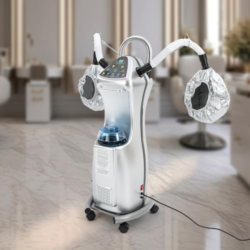 Image of Professional Hair Steamer, 650W Micro-Mist Hair Steamer Stand Hair Treatment Machine with Two Steam Caps for Hair Deep Care Hair Repair Salon Spa (Silver)