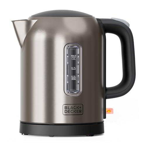 Black+Decker – Bouilloire inox BXKE2207E 2200 W | Ébullition rapide 1 L | Design compact | Base 360° | Arrêt auto | Filtre anti-calcaire | LED | Bec anti-gouttes | Sans BPA