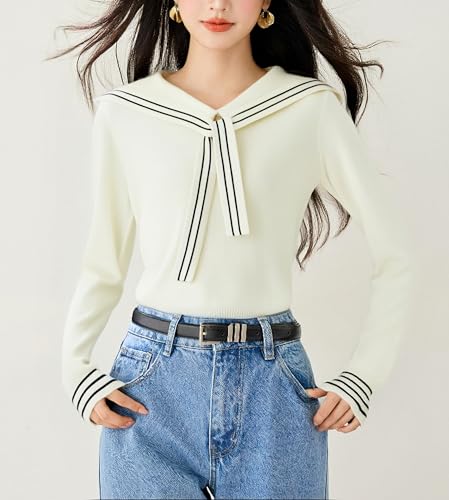 LAI MENG FIVE CATS Women's Sailor Collar Long Sleeve V-Neck Stripe Button Knit Top Shirt Blouse Sweater2