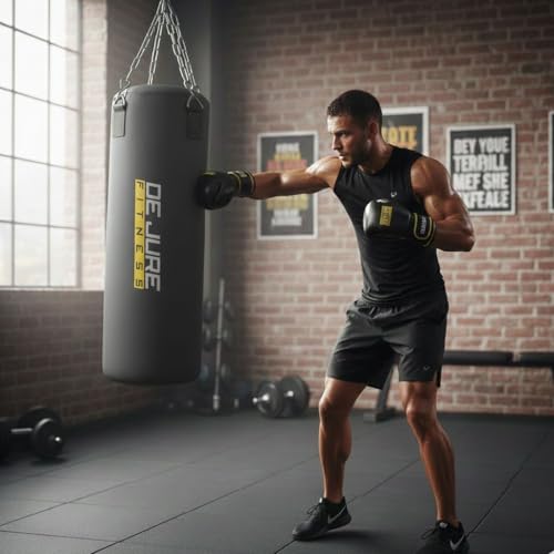 Image of De Jure Fitness Heavy Duty 2 Ft Punching Bag with Rust-Proof Stainless Steel Hanging Chain | Durable Polyester Fabric | Comfortable Recycled Filling | Boxing MMA, Kickboxing - Grey, 2 Ft