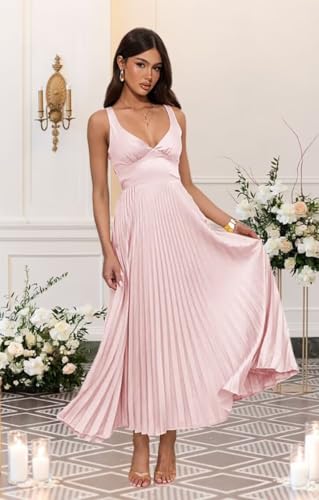 Pleated Satin Bridesmaid Dress V-Neck Backless Maxi Dresses for Women QA2364