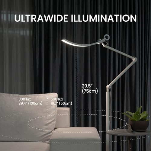 BenQ e-Reading Floor Lamp - Ultrawide and Bright Lighting, Dimmable with 13 Color Modes, Adjustable Arm, Auto-dimming, Eye-Caring Lamp for Home Office, Reading, Study, Craft, Matte Silver
