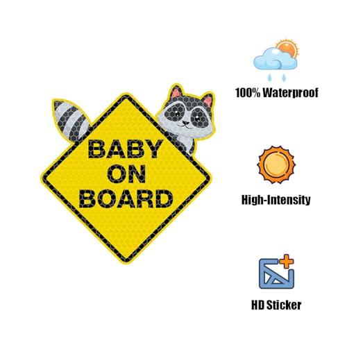 Image of 2PCS Assured Signs Baby On Board Sign Stickers,Reflective Baby Safety Warning Decal for Cars- Bright Yellow, Durable (Raccoon Baby on Board)