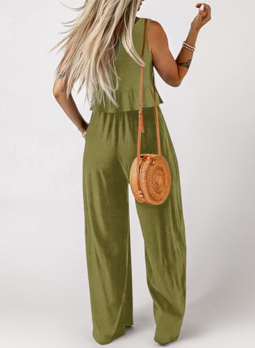 Image of Dokotoo Pants Sets Women 2 Piece Outfits Sleeveless Round Neck Tank Tops Matching Sets for Women Elastic Waist Wide Leg