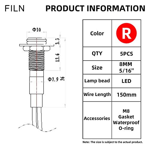 Filn 5Pcs 8Mm (5/16'' )Indicator Light 110V 120V Metal Pilot Lamp Lights Aluminum Black Anodized Waterproof Ip67 Red Signal Lamp Light(110V-Black Anodized-Red 5Pcs) #TOP1