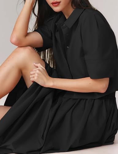 Image of Womens Summer 2 Piece Outfits Skirt Sets Button Short Sleeve Tops Elastic Waist Maxi Dress Sets with Pockets