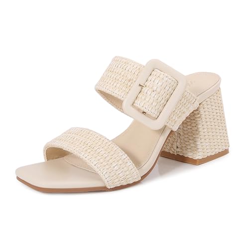 Women's Raffia Slide Sandals Square Open Toe Heeled Sandals Two Strap Mules Slip On Block Chunky Heels Sandals for Women