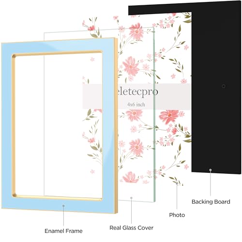 Image of eletecpro 4x6 Enamel Picture Frame Set of 2 with Real Glass Cover, Cute Photo Frame with Gold Metal Edge, Horizontal and Vertical Display Pictures 4 by 6 for Tabletop and Wall Decor, Sky Blue
