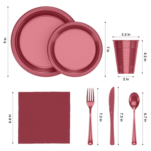 Image of 350 Pcs Burgundy Plastic Plates For Party, Burgundy Disposable Plates Set, 50 Of Each 9 inch Dinner Plate Set, 7 inch Dessert Plate, Cups, Napkins & Cutlery Plastic Dinnerware Set Exquisite