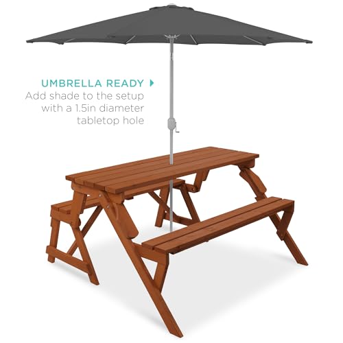 Image of Best Choice Products 2-in-1 Transforming Interchangeable Outdoor Wooden Picnic Table Garden Bench for Backyard, Porch, Patio, Deck w /Umbrella Hole - Acorn