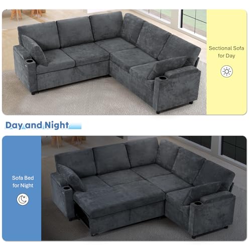Image of 85 inch Chenille Sectional Sofa w /Pull Out Bed & Storage Space, Grey | Upholstery L Shaped Couch w /Cup Holders, Modern Corner Sofa w /USB Charging Port & Throw Pillow for Living Room