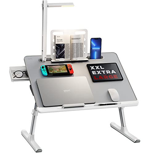 SAIJI ラップデスク 折りたたみテーブル LEDライト付け 収納可能3段明るさ調整 ミニテーブル机 ローテーブル ベッドテーブル ノートPCパソコンテーブル ちゃぶ台 大容量天板 角度 高さ調整 引き出し ブックスタンド付き 表面PVC革加工 40kg荷重 パソコンテーブル 軽量 勉強 食事 一人暮らし K8