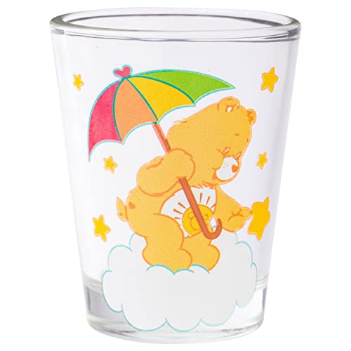 Image of Silver Buffalo Care Bears on Clouds Featuring Funshine, Tenderheart, Cheer, and Grumpy Bear 4 Pack Mini Glass Set, 1.5 Ounces