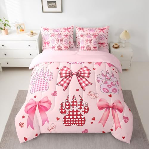 Image of Pink Bowknot King Bedding Sets 7 Pieces Girly Bow Love Romantic Style Comforter Set Heart Leopard Print Paw Prints Bedroom Decor Comforter,Flat Sheet,Fitted Sheet,2 Pillowcases,2 Pillow Covers