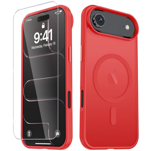 Image of YENAPOON for iPhone Air Case, Matte Magnetic Phone Cover [with 1 Screen Protector] [Support for MagSafe] [Shockproof Military Grade Protection] Translucent Frosted Back, Red