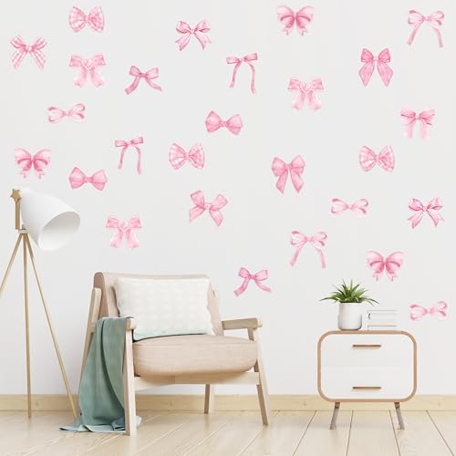 Image of A1diee Bowtie Decal Pink Bow Wall Stickers - 60Pcs Watercolor Coquette Aesthetic Wall Stickers Light Pink Bow Knot Wall Art Decor Vinyl Peel and Stick Room Decor for Kindergarten Nursery Bedroom