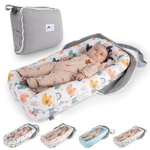 Joyful Journeys Baby Lounger – 2 in 1 Infant Lounger Baby Nest/Diaper Organizer – 100% Cotton Lounger Pillow – Portable Baby Lounger Travel Bed – Newborn Essential – 0-18 Months (Neutral Elephants)