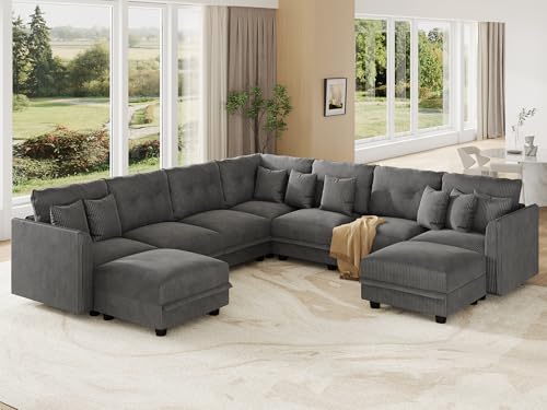 Image of LLappuil Modular Sectional Sofa with Storage, U-Shaped 9-Seat Corduroy Couch with 8 Throw Pillows, Pet-Friendly Convertible Pit Sofa for Living Room, Skin-Friendly & Soft, Grey