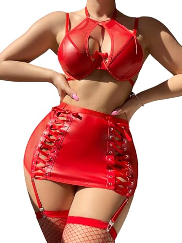 Image of Foxiny Sexy Cutout Halter Underwire Leather Mesh Sheer Mini Skirt Stocking Lingerie Set 4 Piece Outfits