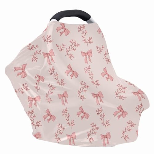 Image of Baby Car Seat Cover Girl Infant Car Seat Canopy Covers for Newborn, Soft Breathable Carseat Covers Stretchy Multi-Use, Pink Bow