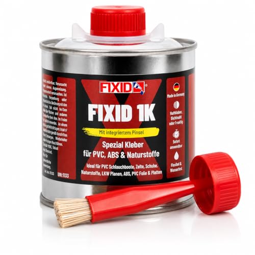 FIXID Schlauchboot Kleber 250 ml PVC Reparatur Kleber extra stark mit Pinsel für Schlauchboot SUP Pool Kunstleder & PVC Bodenbelag wasserdicht elastisch Made in Germany