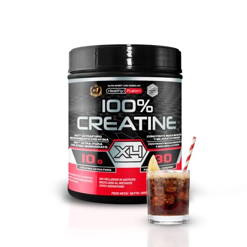 Healthy Fusion 100% Creatina Monohidrato, Alta dosis | 10gr de Creatina por toma | Promueve el crecimiento muscular y mejora la resistencia física | Alta solubilidad | 300g Sabor refresco cola