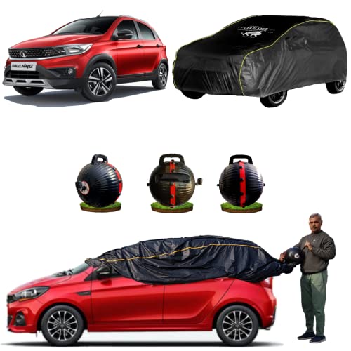 Image of CARBLAZER Portable & Semi-Automatic Full Body Car Covers: Heavy Duty Device| Anti-Theft| Dust & Scratch Proof | Water & Wind Resistant|Custom Fit| Dual-Side Cover, Compatible for Tata Tiago NRG