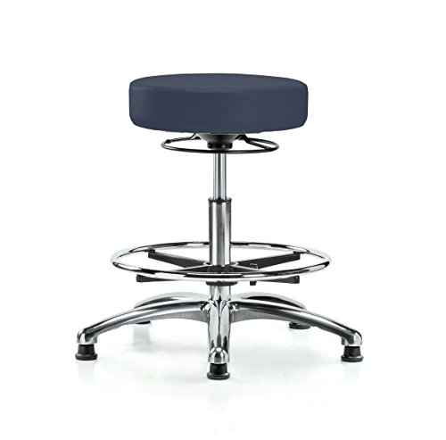 Image of Perch Chrome 360 Degree Height Adjustable Stationary Stool with Foot Ring | Medium Bench Height 20.5-28 inch | Imperial Blue Vinyl