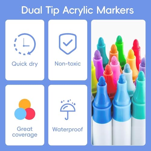 Image of Wynhard Dual Tip Acrylic Marker Paint Pens Set 12 Pastel Colors Paint Marker Acrylic Paint Pens for Painting Brush Markers for Artists Journals DIY Crafts Calligraphy Drawing, Sketching Markers Set