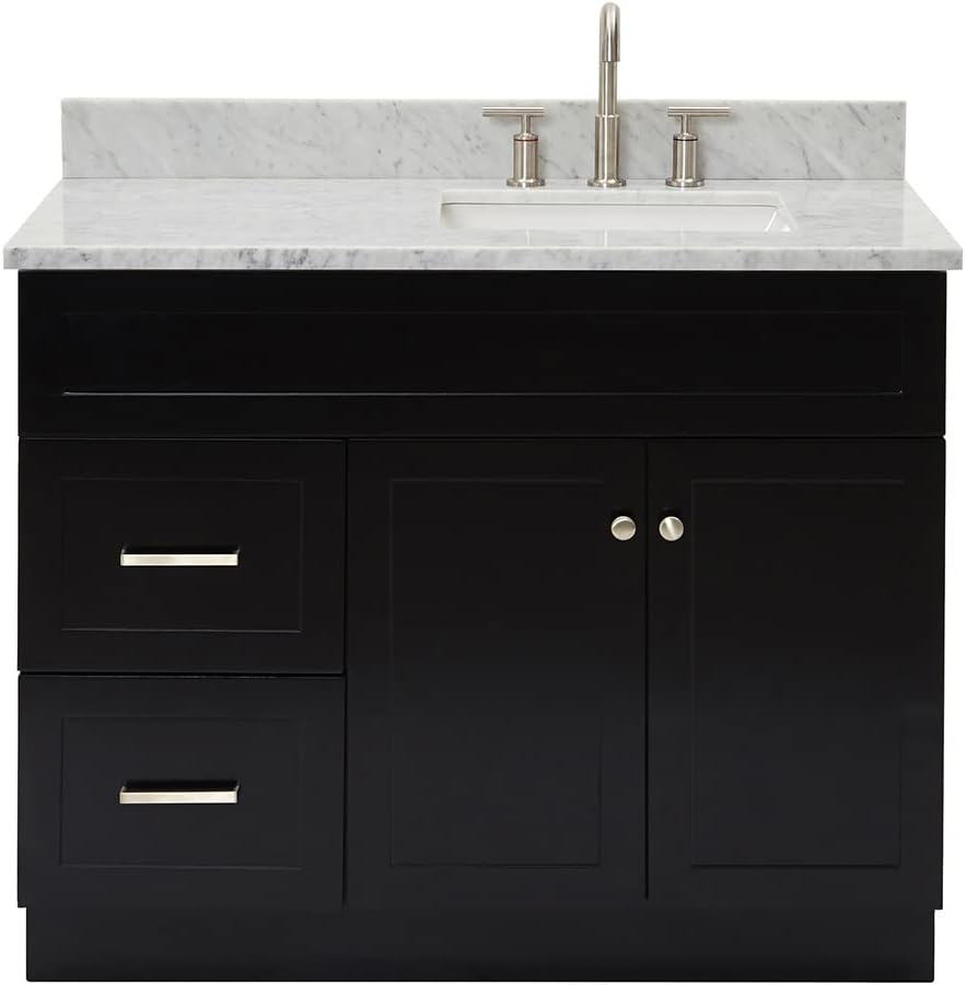 ARIEL Hamlet 42-inch Bathroom Vanity with Sink,Solid Wood, 0.75-inch Italian Carrara Marble Countertop, Single Rectangular Porcelain Sink, 2 Soft Closing Doors, 2 Dovetail Drawers, Black