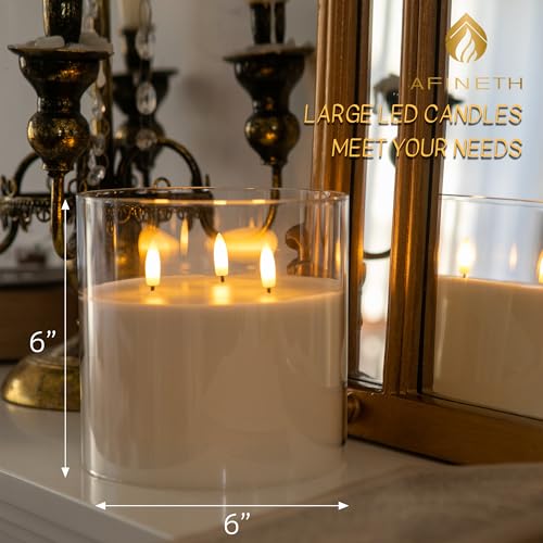 Afineth FYD-3D3G-D150-L150-1CR Extra Large Flameless Candles With 3 Wicks, 6 Inchx6 Inch Glass Battery Operated Candles With Remote, Real Wax Flickering Led Candles Fake Candles For Home, Wedding, Party, Clear thumb #1