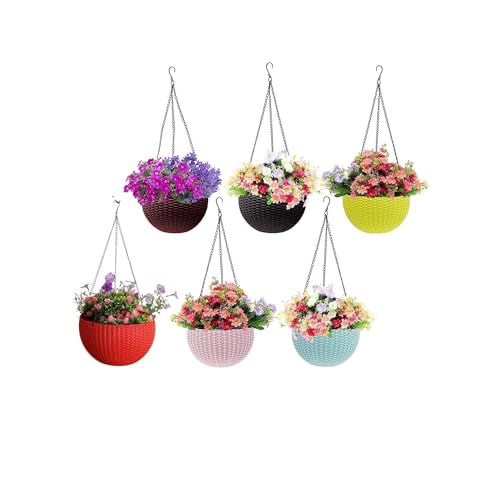 Image of Go Hooked Plastic Hanging Pots, Multicolour, Diameter 7.1 Inch, Height 4.8 Inch, Thickness 3 mm, Chain Length 33cm Approx, 6 Pieces