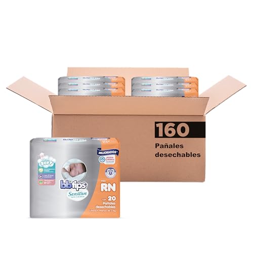 BBtips Sensitive, Recien Nacido, 160 Pañales (8 paquetes con 20 pañales)