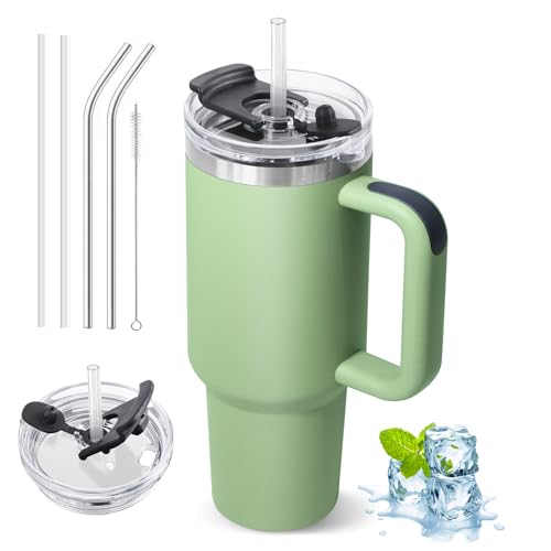 ZAKVOP Taza Termo cafe para Llevar, Taza Termica 1200ml con Tapa y Pajitas, Vaso Termico con Asa, Tumbler para Frío y Caliente, Travel Mug con Tapa Multifunción (Verde Menta)