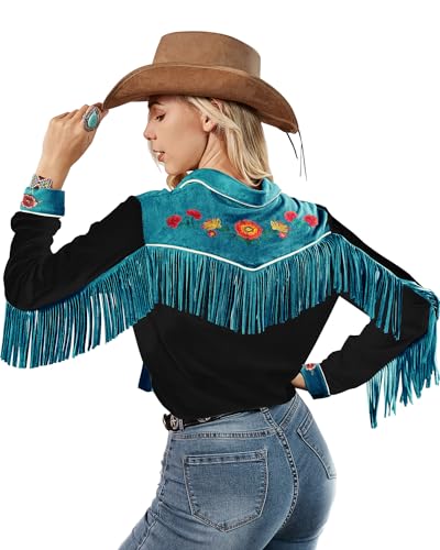 JOHN MOON Womens Fringe Western Long Sleeve Shirts Floral Embroidered Cowgirl Button Down Shacket Blouse Country Rodeo Outfit2